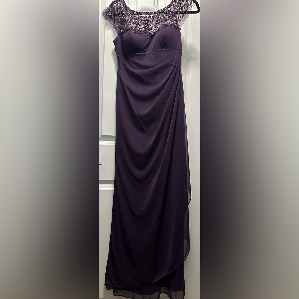 Xscape Purple Asymmetrical Ruched Beaded Gown Women Dress Size 4P
